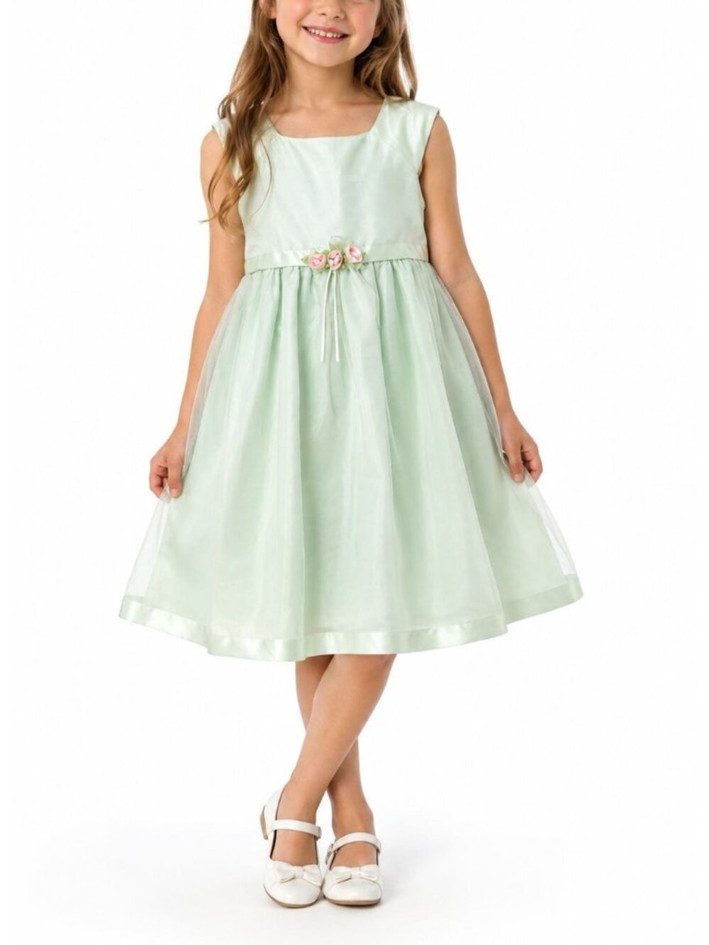 Youngland Lime Green Sleeveless Dress W/ Floral Waist Detail Size 6X